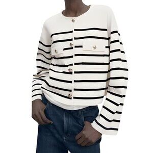 Massimo Dutti Black & White Stripe Knit Sweater with Breast Patch Pockets Size M